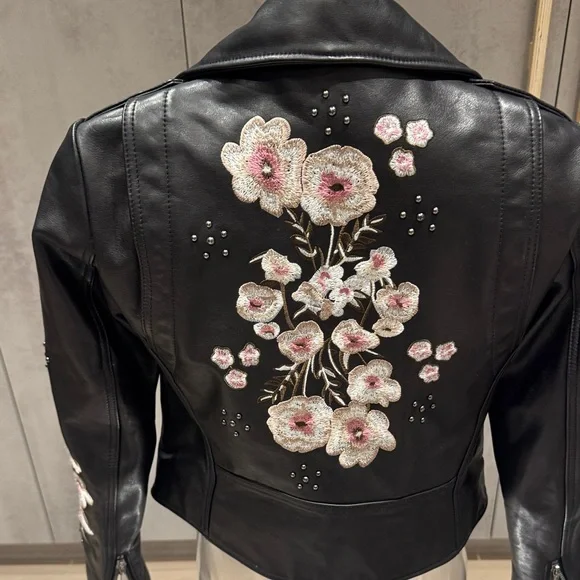 Rebecca Minkoff Black Leather Jacket with Embroidered Floral Accents - Picture 8 of 12